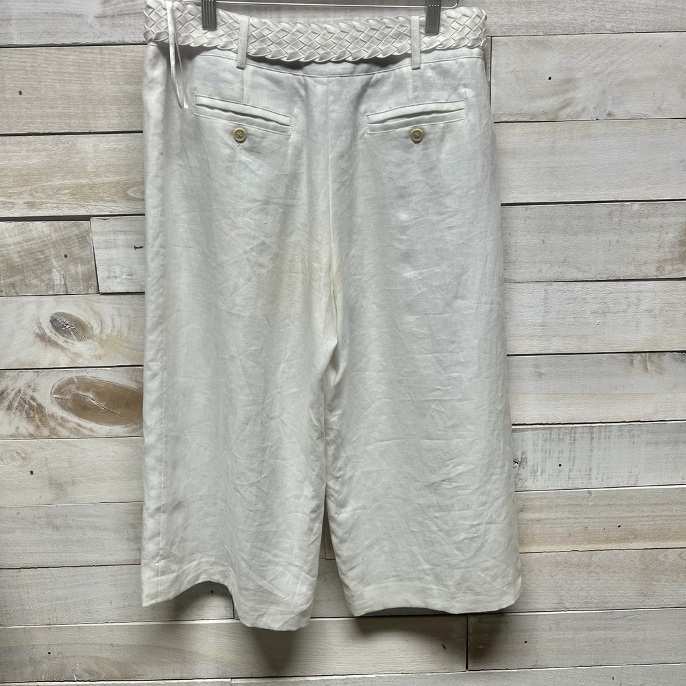 Nine West Pants Womens 8 White Linen Wide Leg Cropped Braided Belt Lined Resort